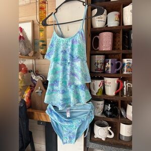 Girl’s Light Blue Tiered Ruffle Tankini Set Justice 18 NEW